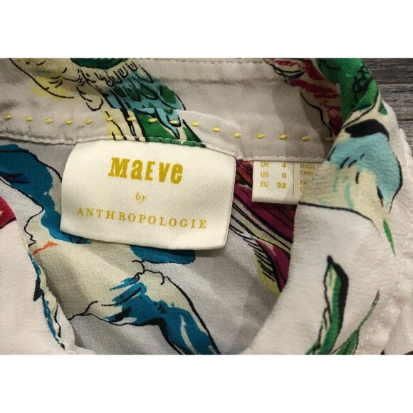 ANTHROPOLOGIE Maeve Silk Button Down Top Size 0 Rainbow Hummingbirds Birds Boho - Picture 2 of 4